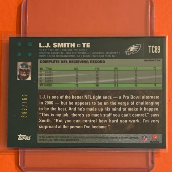 L.J. Smith [White Refractor] 2007 #TC89 /869 Topps Chrome Football Trading Card - Picture 2 of 2